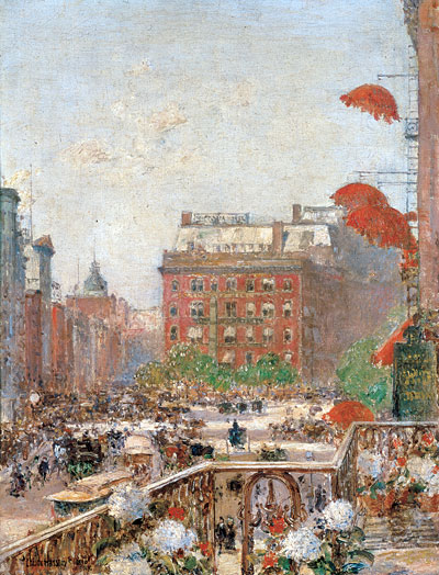 View of Broadway and Fifth Avenue, 1890 | Hassam | Giclée Leinwand Kunstdruck