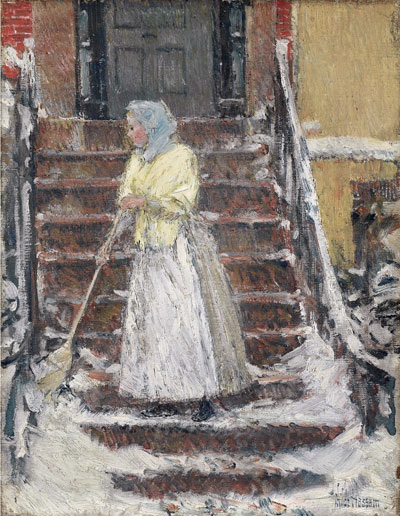 Sweeping Snow, c.1890 | Hassam | Giclée Leinwand Kunstdruck