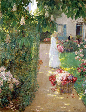 Gathering Flowers in a French Garden, 1888 | Hassam | Giclée Canvas Print
