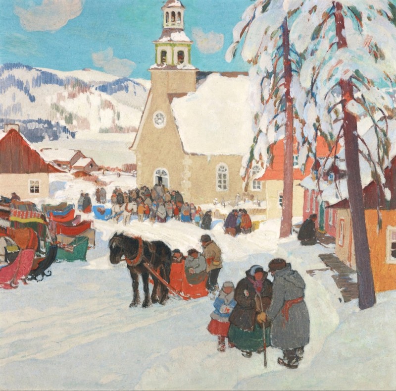 Verlassen der Kirche, c.1928/33 | Clarence Gagnon | Giclée Leinwand-Kunstdruck