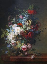 Vase of Flowers on a Stone Table with a Nest and a Greenfinch | Cornelis van Spaendonck | Painting Reproduction