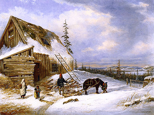 Log Cabin, Winter Scene, Lake St. Charles, c.1862 | Cornelius Krieghoff | Giclée Leinwand Kunstdruck