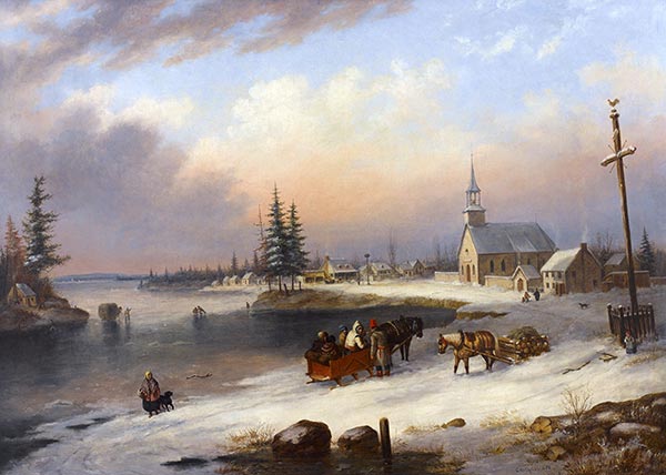 Dorfszene im Winter, 1850 | Cornelius Krieghoff | Giclée Leinwand Kunstdruck