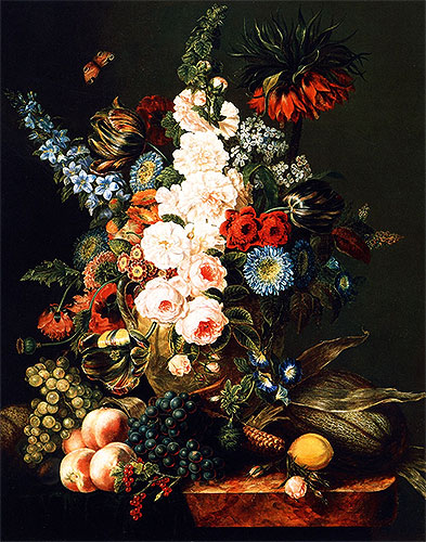 Still Life with Flowers, Fruit and Corn, 1846 | Cornelius Krieghoff | Giclée Leinwand Kunstdruck