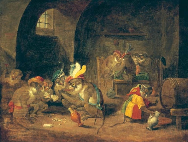 Affen spielen Karten, c.1650 | David Teniers | Giclée Leinwand-Kunstdruck