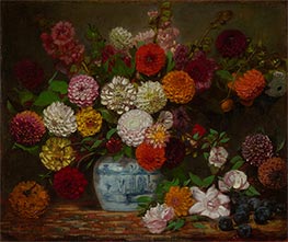Still Life with Dahlias, Zinnias, Hollyhocks and Plums | Eugène Delacroix | Painting Reproduction
