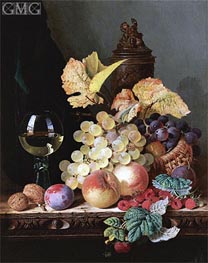 Still Life with Peaches, Plums, Grapes and Walnuts | Edward Ladell | Painting Reproduction