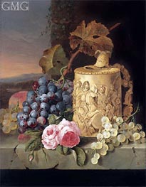 Still Life with Grapes, Roses wnd w Stein on a Marble Ledge | Edward Ladell | Painting Reproduction