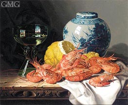 Still Life with Prawns, a Lemon, Wine Glass and Delft Pot | Edward Ladell | Painting Reproduction