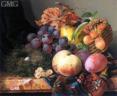 Still Life with Peaches, Plums, Cherries, Grapes a Pear and a Bird's Nest, undated | Edward Ladell | Giclée Canvas Print