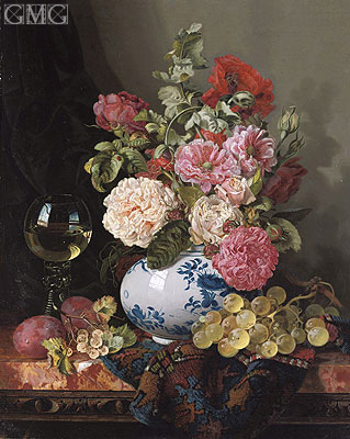 Mixed Flowers in a Chinese Vase with Grapes and a Wine Roemer, undated | Edward Ladell | Giclée Canvas Print