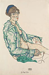 Sitzender Halbakt mit blauem Haarband, 1914 von Schiele | Papier-Kunstdruck