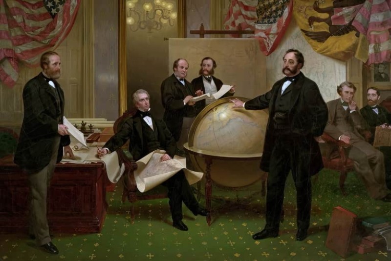 William Henry Seward und Eduard de Stoeckl aus Russland verhandeln den Kauf des Territoriums Alaska, 1867 | Leutze | Giclée Leinwand-Kunstdruck