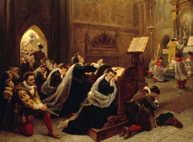 Maria Stuart nach ihrer Rückkehr aus Frankreich in Hollyroodhouse bei ihrer ersten Messe, 1866 | Leutze | Giclée Leinwand-Kunstdruck