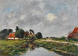 Dorf und Fluss um Dünkirchen | Eugene Boudin | Gemälde Reproduktion