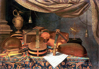 Eine Gitarre, ein Cello, Lauten, eine Partitur und andere Bücher sowie ein Armillarsphären-Globus auf einem drapierten Tisch, 1670 | Baschenis