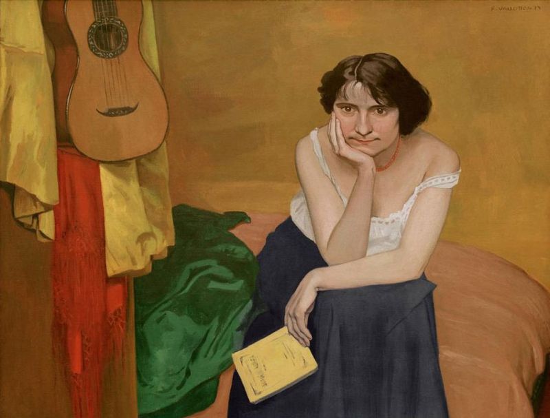 Sitzende brünette Frau von vorne mit Gitarre, 1913 | Félix Vallotton | Giclée Leinwand-Kunstdruck