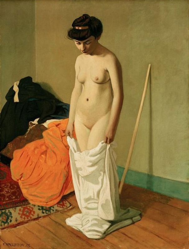 Stehende nackte Frau, ihr Hemd mit beiden Händen haltend, 1905 | Félix Vallotton | Giclée Leinwand-Kunstdruck