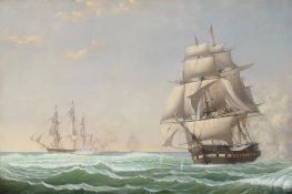 Die US-Fregatte 'President' im Einsatz gegen das britische Geschwader, 1850 von Fitz Henry Lane | Leinwand Kunstdruck