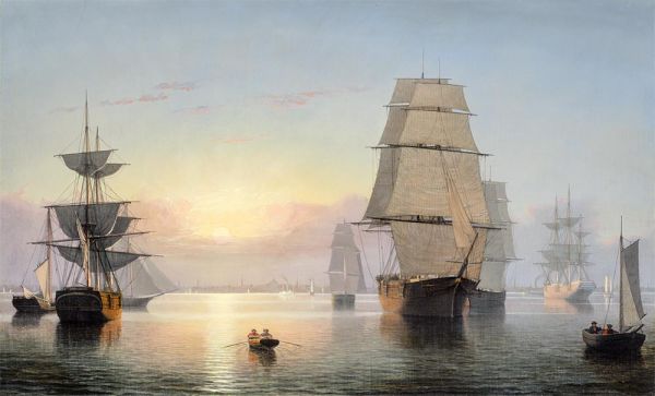 Boston-Hafen, Sonnenuntergang, c.1850/55 | Fitz Henry Lane | Giclée Leinwand Kunstdruck