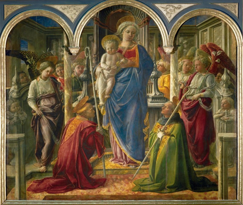 The Virgin and Child Surrounded by Angels, Saint Frediano and Saint Augustine, Known as the Pala Barbadori, 1437 | Fra Filippo Lippi | Giclée Canvas Print