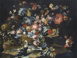 A Still Life with Various Flowers in a Basket, Together with Two Doves in Landscape | Francesco Guardi | Gemälde Reproduktion