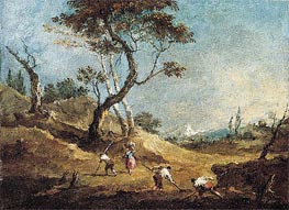 A Pastoral Landscape with Peasants Hoeing and a Washerwoman Before Some Trees, c.1770 von Francesco Guardi | Leinwand Kunstdruck