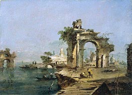 A Venetian Capriccio with Figures by the Lagoon a Ruined Arch and Temple Beyond, c.1775/80 von Francesco Guardi | Leinwand Kunstdruck