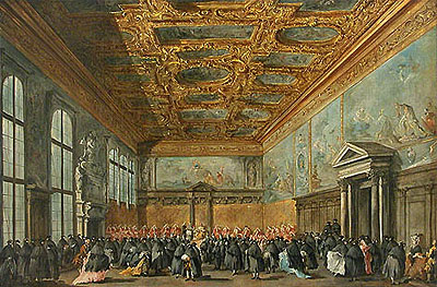 The Doge of Venice Grants an Audience in the Sala del Collegio in the Ducal Palace, c.1775/80 | Francesco Guardi | Giclée Leinwand Kunstdruck