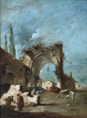 Francesco Guardi | A Capriccio of Buildings on the Laguna with Figures by a Ruined Arch, c.1778/80 | Giclée Leinwand Kunstdruck