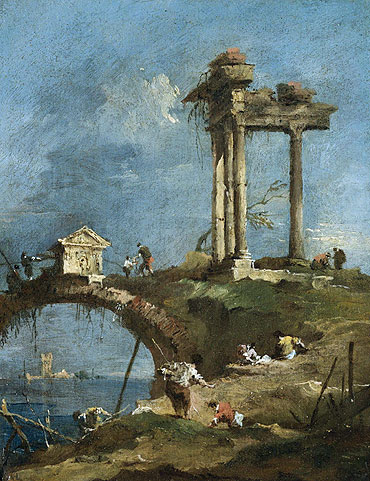 A Capriccio View of a Ruined Temple near a Bridge, undated | Francesco Guardi | Giclée Canvas Print
