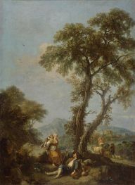 Landschaft mit einer Frau, die ein Kind trägt, 1740s von Francesco Zuccarelli | Leinwand Kunstdruck