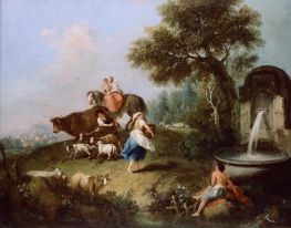 Landschaft mit Springbrunnen, Figuren und Tieren, b.1788 von Francesco Zuccarelli | Leinwand Kunstdruck