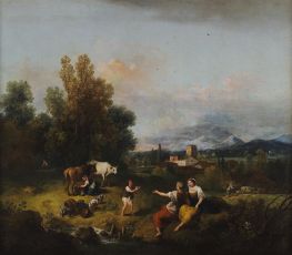 Landschaft mit Melken, c.1740/50 von Francesco Zuccarelli | Leinwand Kunstdruck