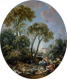 Landscape with Fisherman and a Young Woman, 1769 von Boucher | Leinwand Kunstdruck