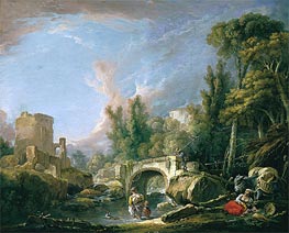 River Landscape with Ruin and Bridge, 1762 by Boucher | Canvas Print