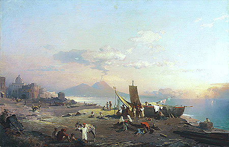 Fisherfolk on the Shore, Vesuvius beyond, 1869 | Unterberger | Giclée Canvas Print