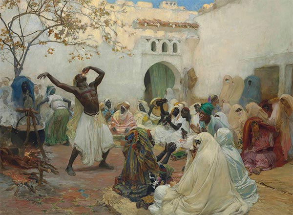 Die Zeremonie der Aïssaoui in Blida, Algerien, 1889 | Frederick Arthur Bridgman | Giclée Leinwand Kunstdruck