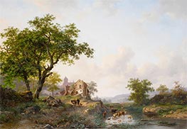 Sommerlandschaft mit Rindern in der Nähe eines Flusses, 1868 von Kruseman | Leinwand Kunstdruck