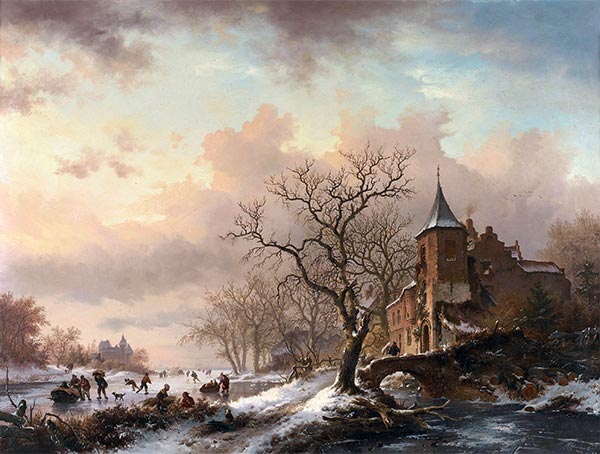 Castle in a Winter Landscape and Skaters on a Frozen River, 1855 | Kruseman | Giclée Canvas Print