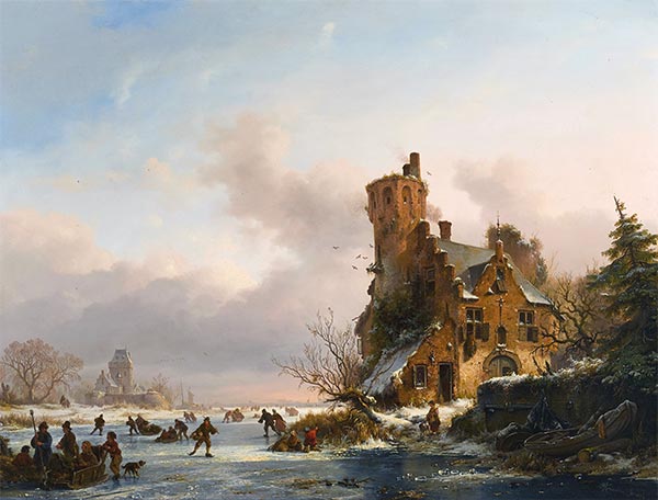Eine gefrorene Winterlandschaft mit Schlittschuhläufern auf einem Fluss, 1854 | Kruseman