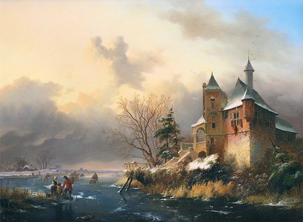 Winterlandschaft mit Schlittschuhläufern nahe einem Schloss, 1849 | Kruseman