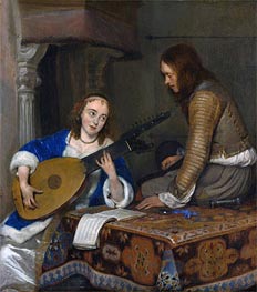 A Woman Playing the Theorbo-Lute and a Cavalier | Gerard ter Borch | Painting Reproduction