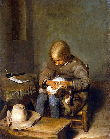 Boy Ridding his Dog of Fleas, c.1665 | Gerard ter Borch | Giclée Leinwand Kunstdruck