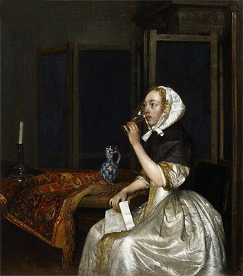 Gerard ter Borch | Young Woman with a Glass of Vine,  Holding a Letter in her Hand, c.1665 | Giclée Canvas Print