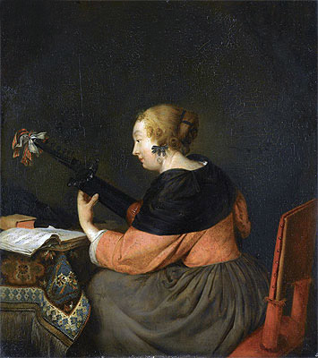 Gerard ter Borch | A Lady Seated at a Table Playing a Lute, c.1657 | Giclée Canvas Print