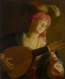 Mädchen mit Laute bei Kerzenlicht, c.1620/25 von Gerrit van Honthorst | Leinwand Kunstdruck