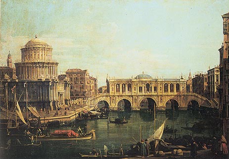 Capriccio of the Grand Canal with an Imaginary Rialto Bridge, 1744 | Canaletto | Giclée Canvas Print