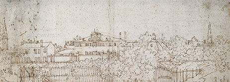 Ein Panorama eines Dorfes: Skizze eines Gebäudes, c.1742 | Canaletto