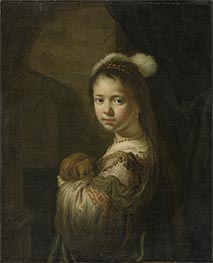 Ein kleines Mädchen mit einem Welpen im Arm | Govert Flinck | Gemälde Reproduktion